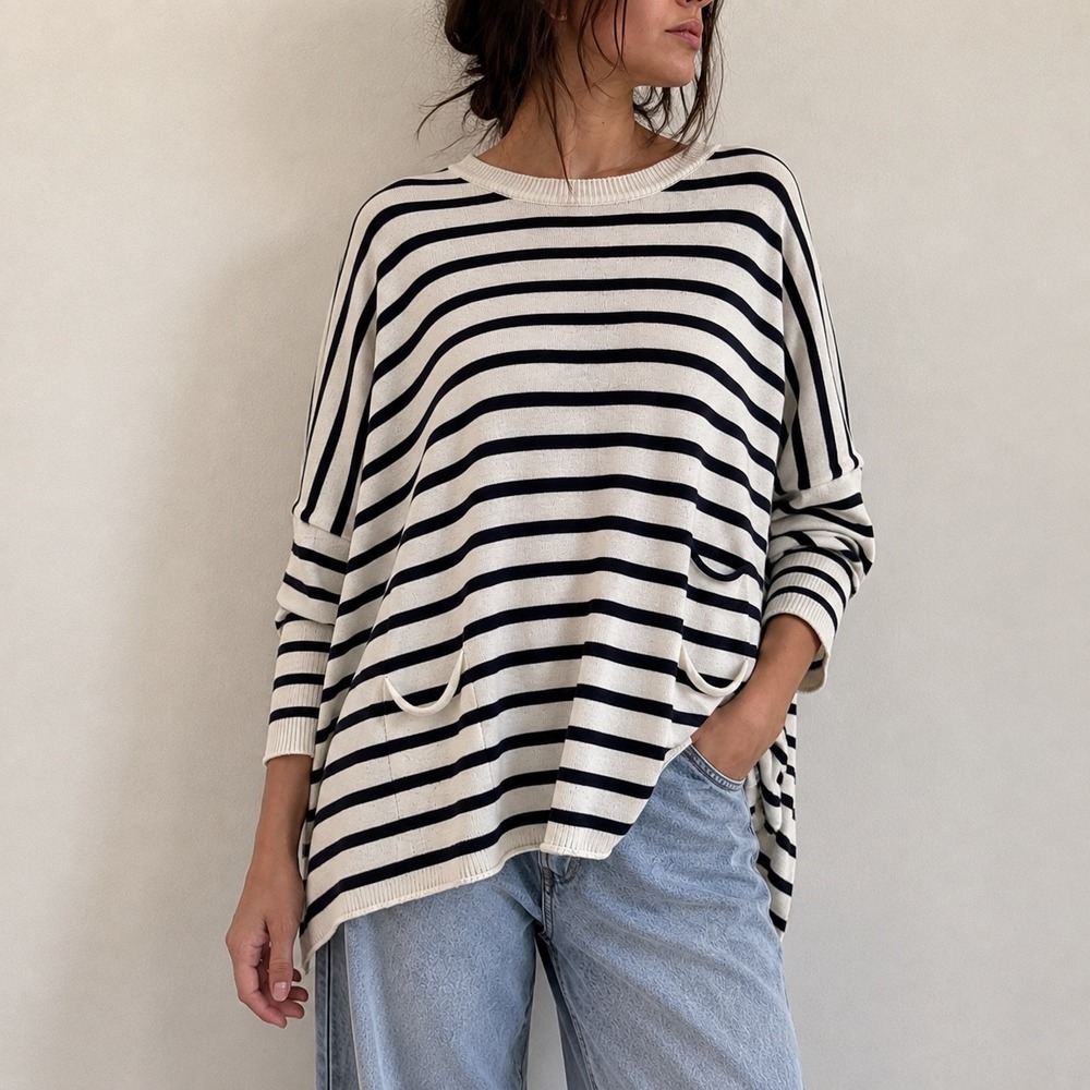 Mer Sea White Navy Striped Sweater Pocket Oversized OS Coastal Minimalist